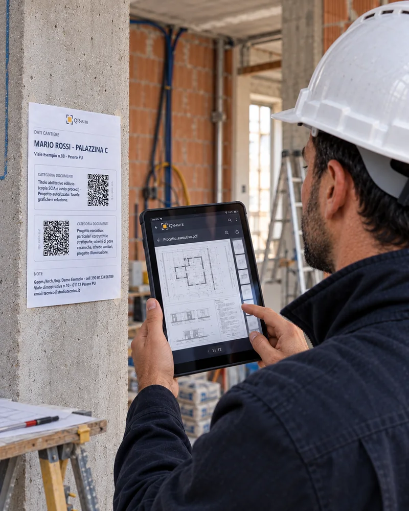 Geometra in cantiere che consulta sul tablet i documenti condivisi con QR4site