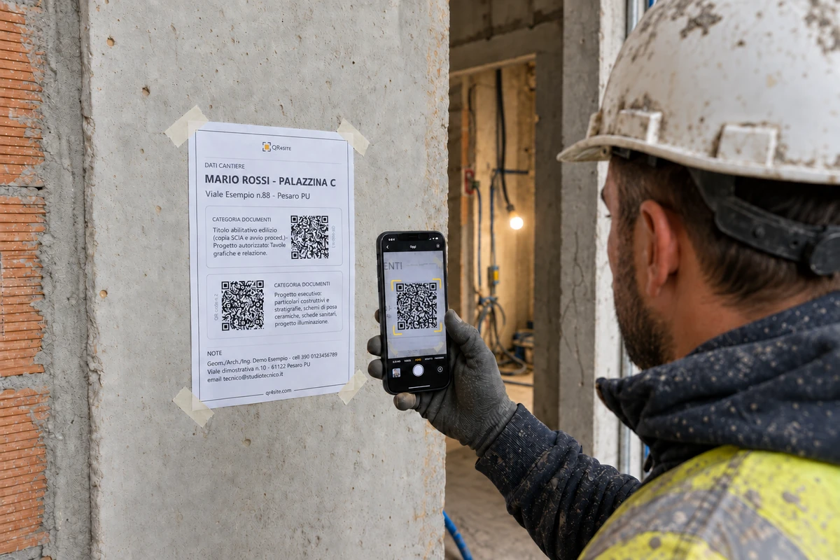 Operatore in cantiere che inquadra con lo smartphone un singolo QR del foglio A4 QR4site applicato alla colonna